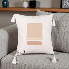 Perna Decorativa Abstract Forme Bej Poudre, 40x40 cm, Bej cu Franjuri, Husa Detasabila, Perna Inclusa, BEKZ®