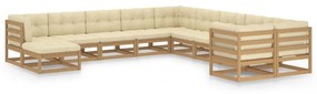 3077097 vidaXL Set mobilier grădină cu perne, 11 piese, maro, lemn masiv pin