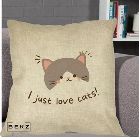 Perna Personalizata I Just Love Cats Pisica Kawaii, 40x40 cm, Crem, Husa Detasabila, Perna Inclusa, BEKZ®