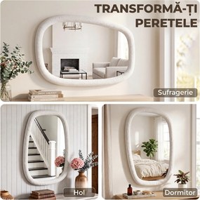 HOMCOM Oglindă de Perete Neregulată 60 cm, Oglindă de Baie cu Sticlă Securizată și Ramă cu Efect de Piatră, Alb | Aosom Romania