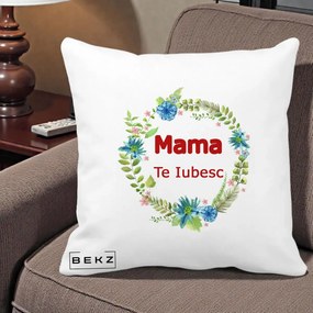 Cadou pentru Mama - Perna Personalizata Mama Te Iubesc Flori Albastre, 40x40 cm, Alba Mata, Husa Detasabila, Perna Inclusa, BEKZ®