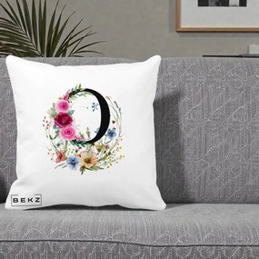 Cadou Personalizat - Perna Personalizata Monogram Litera O cu Flori Acuarela, 40x40 cm, Alba Mata, Husa Detasabila, Perna Inclusa, BEKZ®