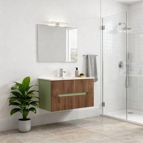 Trent Mobilier de baie 80 cm chiuvetă ceramică (2 sertare) cu oglindă 60x80 cm verde fistic - stejar apus de soare