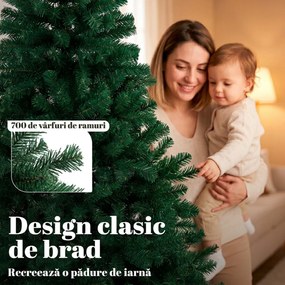 HOMCOM Brad Artificial de Crăciun 180 cm cu 700 Ramuri Ignifuge, Bază din Oțel,100x100x180 cm, Verde | Aosom Romania