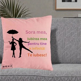 Cadou pentru Sora - Perna Personalizata Sora Mea Te Iubesc Siluete Colorate Umbrela, 40x40 cm, Roz, Husa Detasabila, Perna Inclusa, BEKZ®