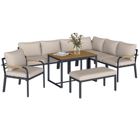 Outsunny Set mobilier grădină 7 piese Colțar modular exterior cu masă WPC și pouf bej și gri | Aosom Romania