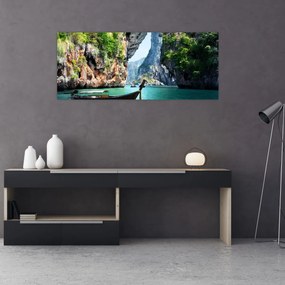 Tablou - Apă peisaj mediteranean cu barca (120x50 cm)