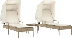 vidaXL Șezlonguri, 2 buc., cu baldachine și masă, bej, poliratan