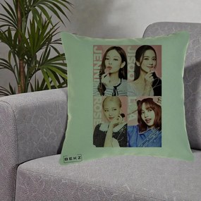 Perna Personalizata K-pop BLACKPINK Colaj 4 Portrete cu Semnature, 40x40 cm, Verde, Husa Detasabila, Perna Inclusa, BEKZ®