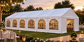 Cort evenimente Economy, 6 × 12 m, 72 m², PVC 440 g/m², structură metalică ranforsată, 12 ferestre, înălțime 3 m, Alb,