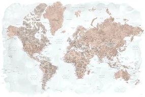 Harta Neutrals and muted blue watercolor world map with cities, Calista, Blursbyai