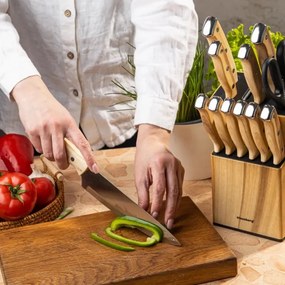 Set de cuțite de bucătărie Klausberg KB 9038, 13 piese, ascuțitor încorporat, oțel inoxidabil, suport, maro