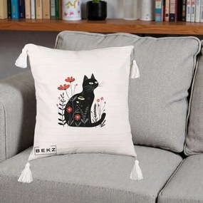 Perna Decorativa Pisica Neagra Flori Rosii Folk, 40x40 cm, Bej cu Franjuri, Husa Detasabila, Perna Inclusa, BEKZ®