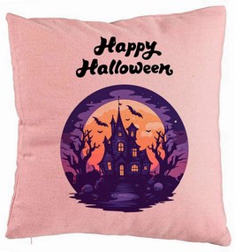 Perna Decorativa cu motiv de Halloween si Text, 40x40 cm, Roz, Husa Detasabila, Burduf