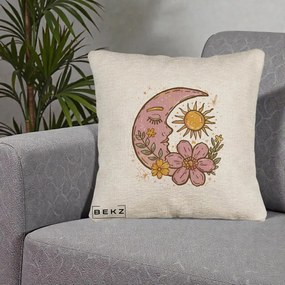 Perna Personalizata Luna si Soare Floral Boho, 40x40 cm, Bej Canapea, Husa Detasabila, Perna Inclusa, BEKZ®