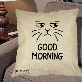 Perna Decorativa Pisica Morocanoasa Good Morning, 40x40 cm, Crem, Husa Detasabila, Perna Inclusa, BEKZ®