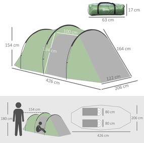Cort Camping 4 Persoane Outsunny, Impermeabil, Usi cu fermoar 426x206x154cm Verde Inchis | Aosom Romania