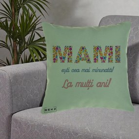 Cadou pentru Mama - Perna Personalizata Mami Esti Cea mai Minunata La Multi Ani cu Litere Florale, 40x40 cm, Verde, Husa Detasabila, Perna Inclusa, BEKZ®