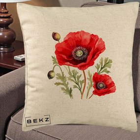 Perna Decorativa Maci Rosii Acuarela, 40x40 cm, Bej, Husa Detasabila, Perna Inclusa, BEKZ®