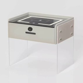 Noptieră inteligentă cu &icirc;ncărcare wireless, iluminare LED, 1 sertar de depozitare, difuzor Bluetooth și &icirc;nchidere prin amprentă &ndash; albă, design modern din sticlă și lemn