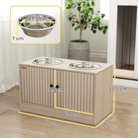PawHut Suport pentru boluri pentru câini cu 2 boluri de 2L și dulap inferior, din lemn, 60x30x35,5 cm, stejar | Aosom Romania