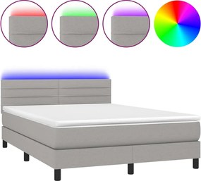 vidaXL Pat cu arcuri, saltea și LED, gri deschis, 140x200 cm, textil