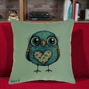 Perna Decorativa Bufnita Albastra cu Inimioare, 40x40 cm, Verde, Husa Detasabila, Perna Inclusa, BEKZ®