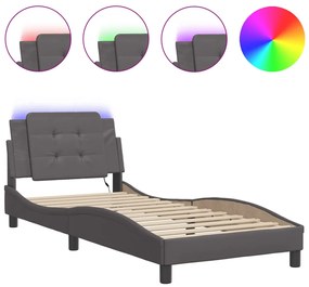 3214078 vidaXL Cadru de pat cu lumini LED, gri, 90x190 cm, piele ecologică