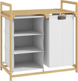 HOMCOM Coș pentru Rufe cu 2 Saci Detașabili, Dulap pentru Rufe de Baie cu Mânere și Raft din Bambus, 70x36x70 cm, Alb | Aosom Romania
