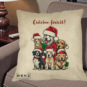 Perna Decorativa Caini cu Bonete Craciun Fericit, 40x40 cm, Crem, Husa Detasabila, Perna Inclusa, BEKZ®