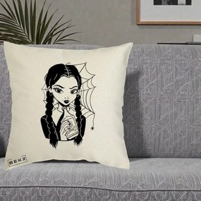 Perna Personalizata Wednesday cu Panza de Paianjen, 40x40 cm, Ecru, Husa Detasabila, Perna Inclusa, BEKZ®