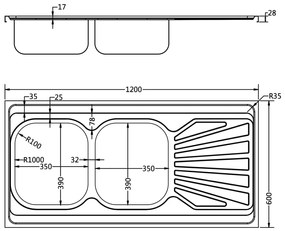 Chiuveta bucatarie cu 2 cuve, argintiu, 1200x600x155 mm, otel 1200 x 600 x 155 mm