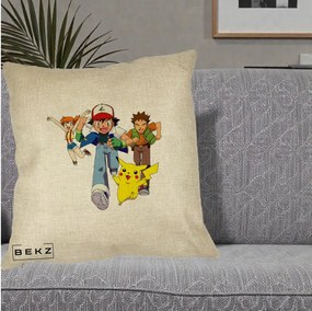 Perna Personalizata Pokemon Ash Misty Brock si Pikachu, 40x40 cm, Crem, Husa Detasabila, Perna Inclusa, BEKZ®