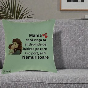 Cadou pentru Mama - Perna Personalizata Mama Nemuritoare cu Bebelus Lineart, 40x40 cm, Verde, Husa Detasabila, Perna Inclusa, BEKZ®