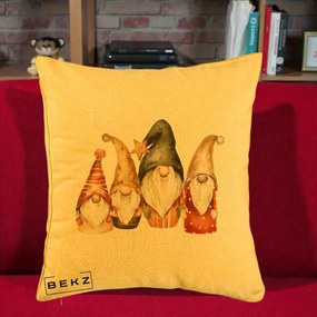 Perna Decorativa Gnomi de Craciun Patru, 40x40 cm, Galben, Husa Detasabila, Perna Inclusa, BEKZ®