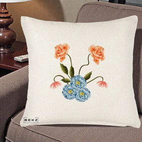 Perna Decorativa Trandafiri si Bujori Acuarela, 40x40 cm, Crem Reliefat, Husa Detasabila, Perna Inclusa, BEKZ®