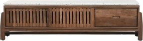 Comodă TV living din lemn de acacia, maro, cu 2 uși glisante, 2 sertare, 2 nișe și blat din terrazzo, 52 x 166 x 46 cm, „Terrazo”