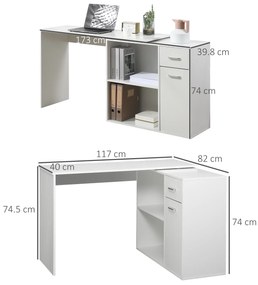 HOMCOM Birou de colț rotativ la 180°, birou pentru calculator, bibliotecă, sertar, dulap, loc de lucru, 117x82x74cm, alb | Aosom Romania