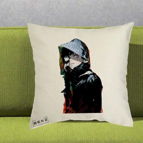 Perna Personalizata Tokyo Ghoul Ken Kaneki cu Masca si Gluga, 40x40 cm, Ecru, Husa Detasabila, Perna Inclusa, BEKZ®