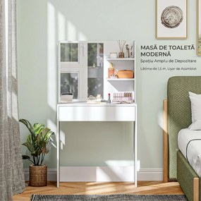 HOMCOM Masă de machiaj cu oglindă, 3 rafturi în colț și sertar, din lemn și sticlă, 75x40x137 cm, Alb | Aosom Romania