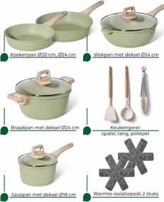 Set de oale Just Perfecto JL-33SET, 13 piese, Aluminiu, Acoperire marmura, Capac sticla, Fara PTFE si PFOA, Inductie, Verde