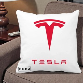 Perna Personalizata cu emblema Tesla, 40x40 cm, Alba Mata, Husa Detasabila, Perna Inclusa, BEKZ®