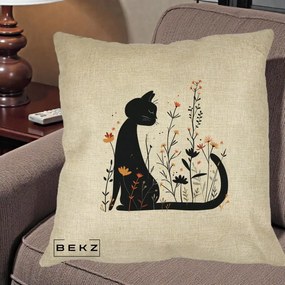 Perna Decorativa Pisica Neagra Flori Portocalii Silueta, 40x40 cm, Crem, Husa Detasabila, Perna Inclusa, BEKZ®