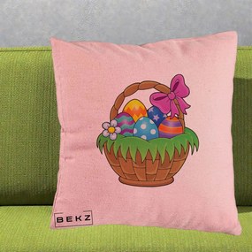 Perna Decorativa Cos cu Oua de Pasti Colorat, 40x40 cm, Roz, Husa Detasabila, Perna Inclusa, BEKZ®