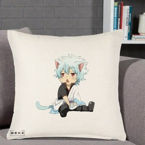 Perna Personalizata Gintama Gintoki Chibi Pisica, 40x40 cm, Crem Reliefat, Husa Detasabila, Perna Inclusa, BEKZ®