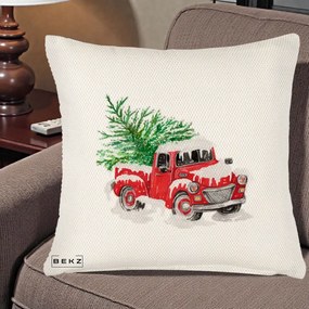 Perna Decorativa Camioneta Rosie Brad de Craciun, 40x40 cm, Crem Reliefat, Husa Detasabila, Perna Inclusa, BEKZ®