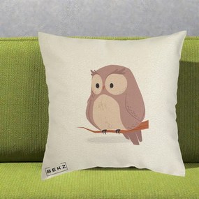 Perna Decorativa Bufnita Kawaii pe Creanga, 40x40 cm, Ecru, Husa Detasabila, Perna Inclusa, BEKZ®