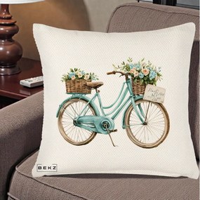 Perna Decorativa Bicicleta Teal cu Cosuri Duble de Flori Vintage, 40x40 cm, Crem Reliefat, Husa Detasabila, Perna Inclusa, BEKZ®