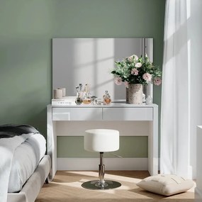 Masuta machiaj cu Oglinda LED si 2 Sertare pentru Cosmetice, Set Masa toaleta 110 cm, Alb Lucios, masuta cosmetica, vanity - SEA812