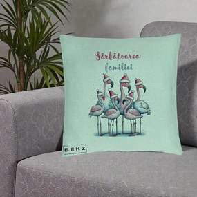 Perna Decorativa Flamingo Craciun Sarbatoarea Familiei, 40x40 cm, Verde Menta, Husa Detasabila, Perna Inclusa, BEKZ®